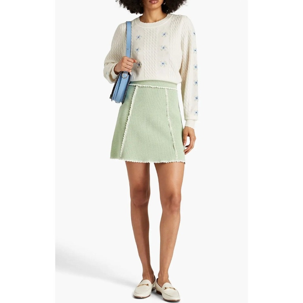NWT Sandro Knit Skirt Womens 40/ US 8 Green Scalloped Trim Parisian Chic Luxury